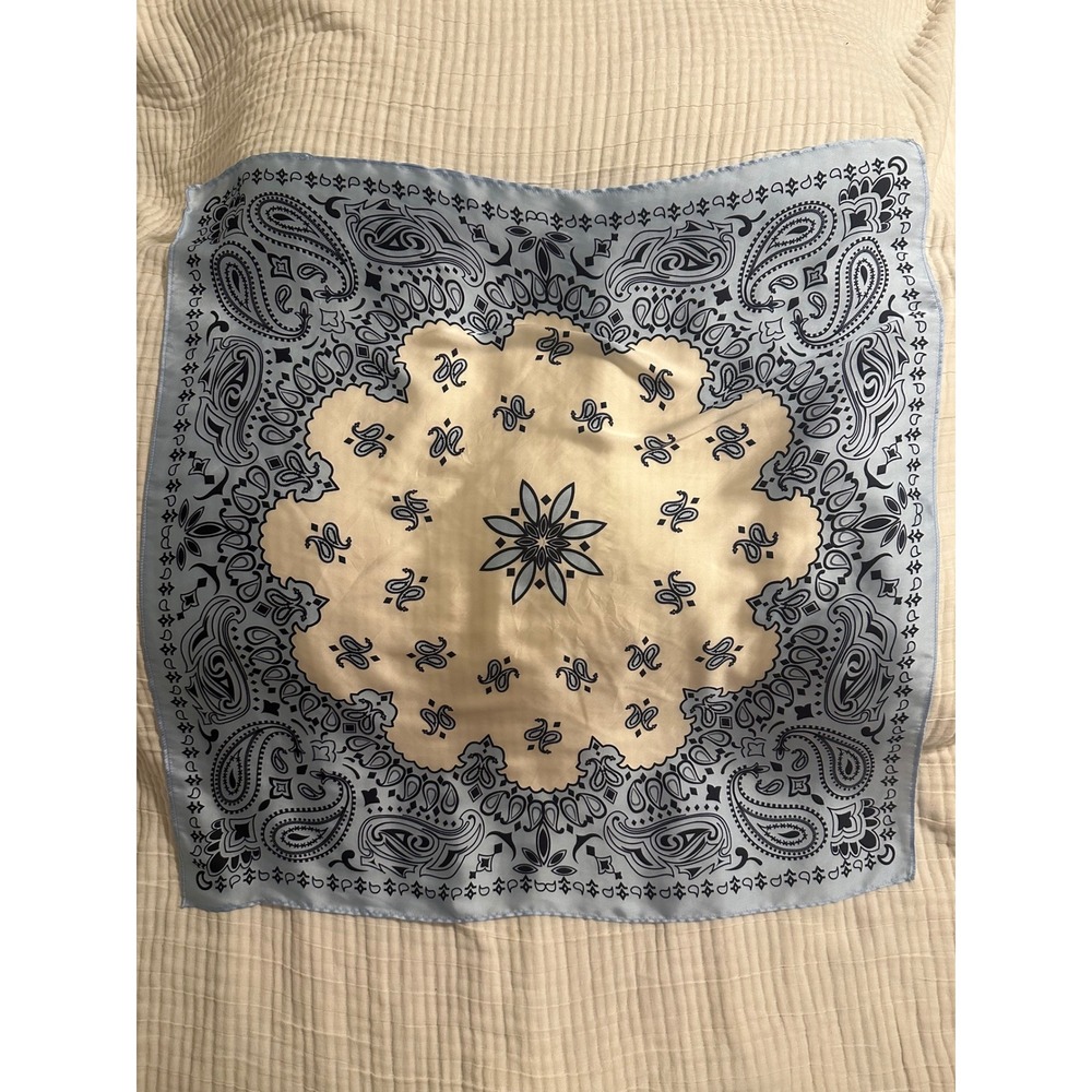 Blue Cream Paisley Satin Square Scarf Bandana Print Neckerchief 26x26